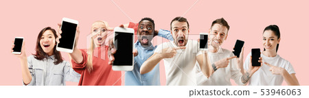 Portrait of people showing screen of mobile phone isolated over coral background 53946063