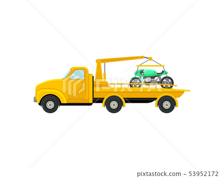 Tow truck with a motorcycle on the platform. Vector illustration on white background. Tow truck with a motorcycle on the platform. Vector illustration on white background. 53952172
