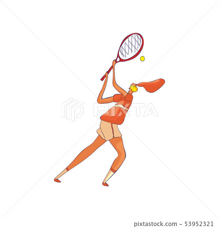 Woman tennis player discards the ball from the top. Vector illustration on white background. 53952321