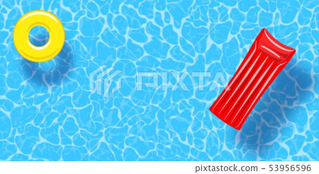 Swimming pool top view background. Rubber ring and raft floating on water