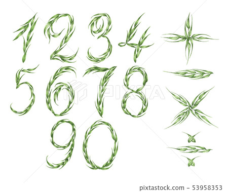 Numbers and calculator icon from green leaves set. Numbers and calculator icon from green leaves set. 53958353