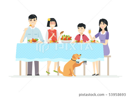 Happy Chinese family having dinner together - modern cartoon people characters illustration Happy Chinese family having dinner together - modern cartoon people characters illustration 53958693