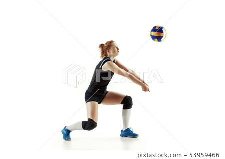 Young female volleyball player isolated on white studio background Young female volleyball player isolated on white studio background 53959466