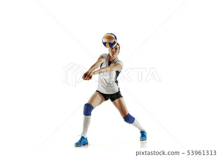 Young female volleyball player isolated on white studio background Young female volleyball player isolated on white studio background 53961313