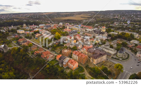 The old city center Kamenetz Podolsky. Aerial, top view from Drone. Autumn time. The old city center Kamenetz Podolsky. Aerial, top view from Drone. Autumn time. 53962226