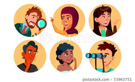 Curious Happy Multicultural Character Set Vector Curious Happy Multicultural Character Set Vector 53963751