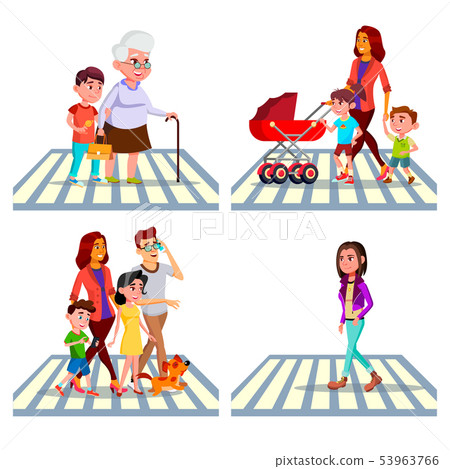 Character Pedestrian Crossing Road Set Vector Character Pedestrian Crossing Road Set Vector 53963766