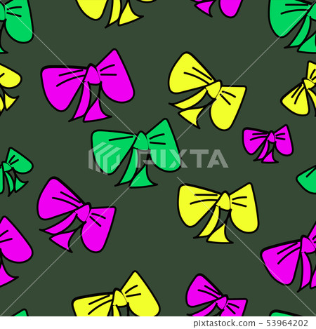 Cute seamless pattern with colored cartoon bows on dark green background, fabric blank, packing 53964202