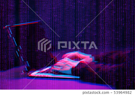 Hacker working with laptop in dark room with digital interface around. Image with glitch effect. Hacker working with laptop in dark room with digital interface around. Image with glitch effect. 53964982