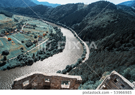 Ruins of the Strecno castle and Vah river, Ruins of the Strecno castle and Vah river, 53966985