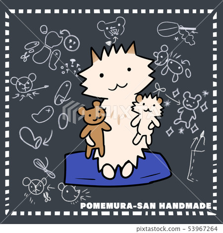 Design illustration of a dog (Pomeranian) and a handmade bear stuffed toy Design illustration of a dog (Pomeranian) and a handmade bear stuffed toy 53967264
