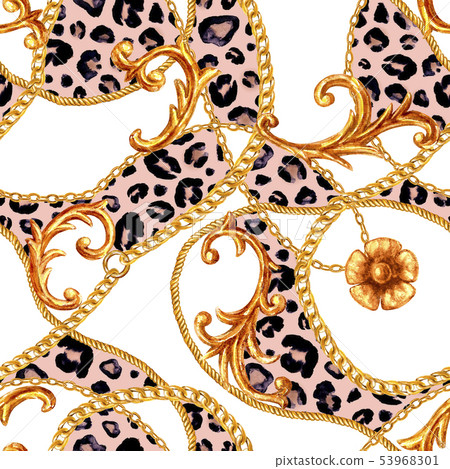 Golden baroque chain glamour leopard seamless 53968301