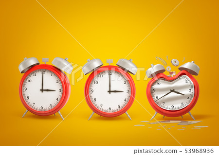 3d rendering of three red alarm clocks standing in row, one of them bent and damaged, on amber 3d rendering of three red alarm clocks standing in row, one of them bent and damaged, on amber 53968936