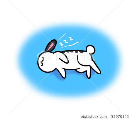 Illustration of a lying rabbit taking a nap (light blue oval background) 53970143