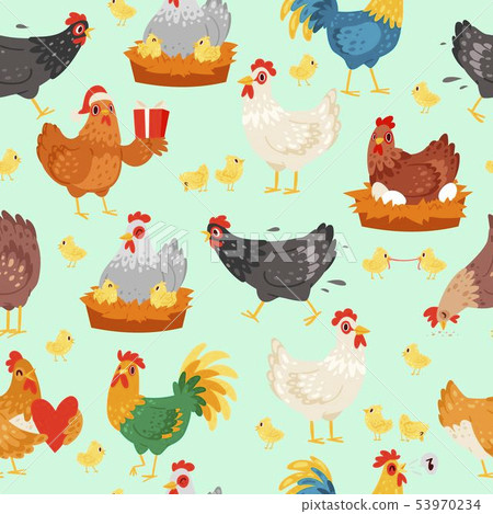 Chicken characters in different poses. Hen and rooster seamless pattern vector flat illustration 53970234