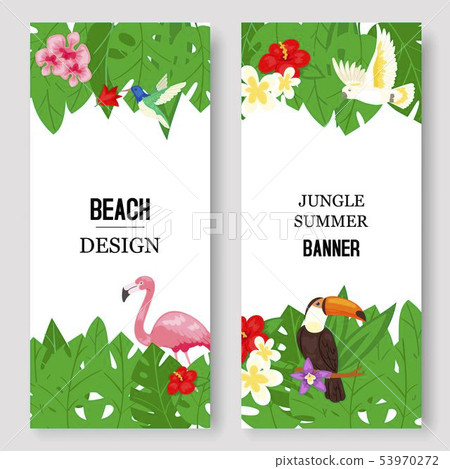 Beach design, jungle summer set of banners vector illustration. Pink flamingo and tropical palm tree Beach design, jungle summer set of banners vector illustration. Pink flamingo and tropical palm tree 53970272