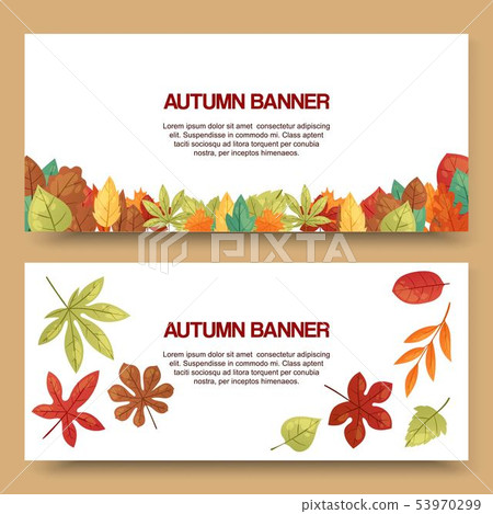 Autumn leaves set of banners vector illustration. Green, red, orange, brown and yellow falling 53970299