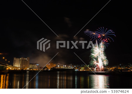 Fireworks display Continuous fireworks blooming in Hakodate Bay Hakodate Maritime Winter Fireworks 53974624