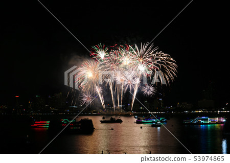 colorful long tail fireworks on beach and colorful long tail fireworks on beach and 53974865