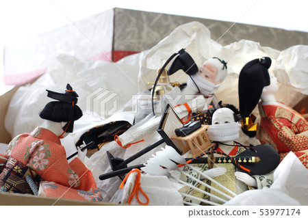 Wolf dolls with masks and dust covered in boxes 53977174