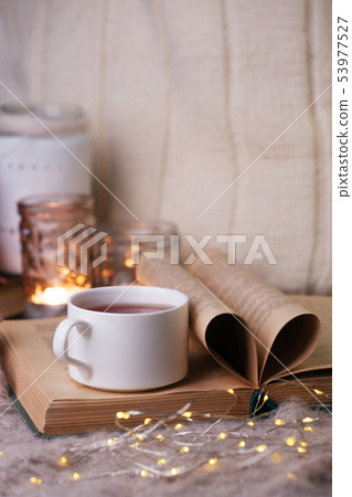 Warm knitted blanket, cup of hot tea and book on a Warm knitted blanket, cup of hot tea and book on a 53977527