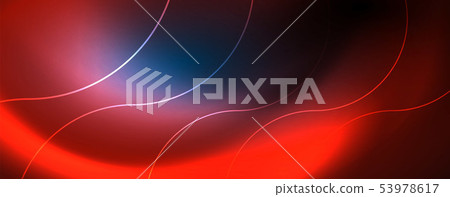 Trendy neon blue abstract design with waves and circles. Neon light glowing effect. Abstract digital 53978617