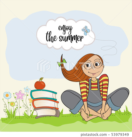 Teenage girl with many books enjoy the summer. Teenage girl with many books enjoy the summer. 53979349
