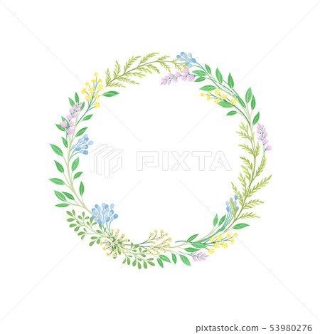 Spring wreath of thin branches, young leaves and flowers. Vector illustration on white background. Spring wreath of thin branches, young leaves and flowers. Vector illustration on white background. 53980276