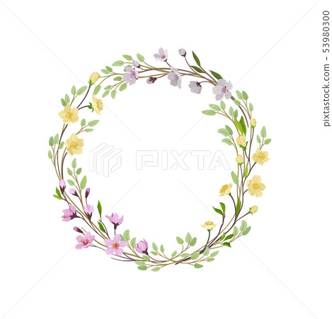 Spring wreath of thin branches and young leaves. Vector illustration on white background. Spring wreath of thin branches and young leaves. Vector illustration on white background. 53980300