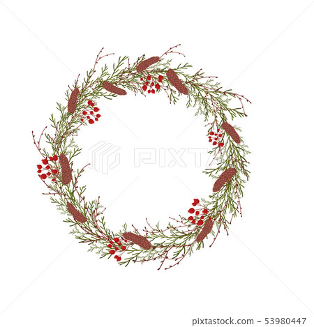 Wreath of thin branches of thuja. Vector illustration on white background. Wreath of thin branches of thuja. Vector illustration on white background. 53980447
