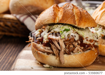 Homemade pulled pork burger with coleslaw salad 53980677