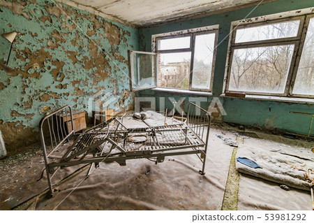 Pripyat, Chernobyl exclusion zone. The interior of the ward in a hospital in an abandoned city. Pripyat, Chernobyl exclusion zone. The interior of the ward in a hospital in an abandoned city. 53981292