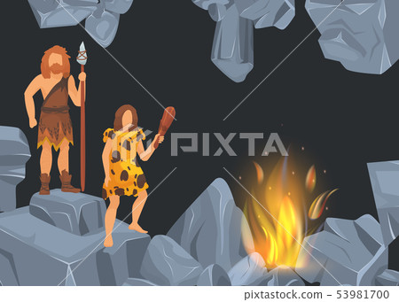 Caveman and woman in prehistoric period in rock cave before fire place. Banners with black