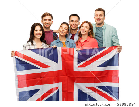 group of smiling friends with british flag 53983884