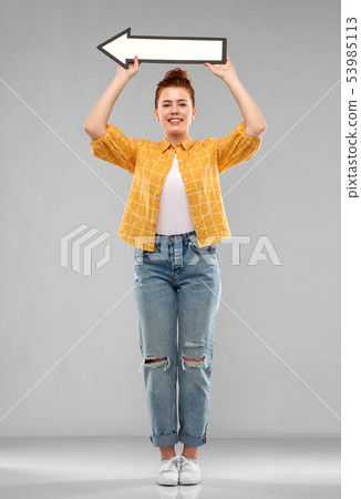 red haired teenage girl with arrow showing to left 53985113