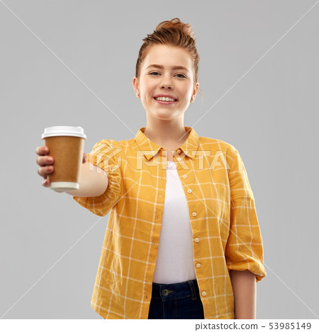 happy redhead teenage girl with paper coffee cup happy redhead teenage girl with paper coffee cup 53985149