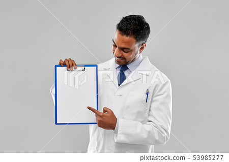 doctor or scientist with white paper on clipboard doctor or scientist with white paper on clipboard 53985277