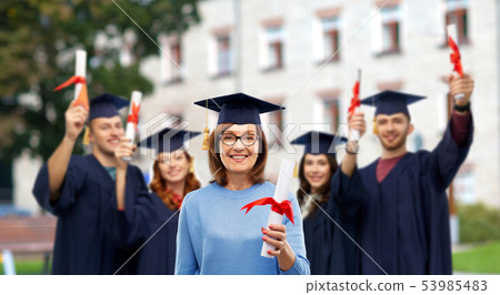 happy senior graduate student woman with diploma 53985483