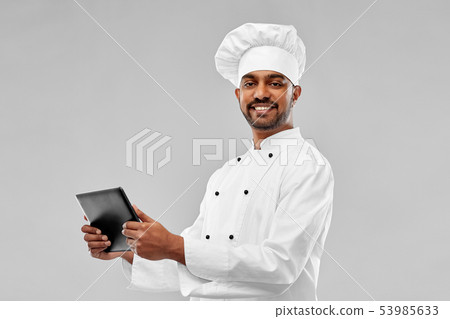 happy male indian chef with tablet computer happy male indian chef with tablet computer 53985633