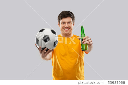 man or football fan with soccer ball and beer 53985966