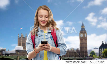 teen student girl with school bag and smartphone 53987484