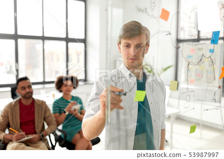 creative team with scheme on office glass board creative team with scheme on office glass board 53987997