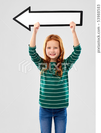 smiling red haired girl with arrow showing to left 53988583