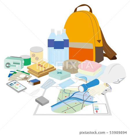 Illustration of the contents of the emergency bag and the hazard map Illustration of the contents of the emergency bag and the hazard map 53989894