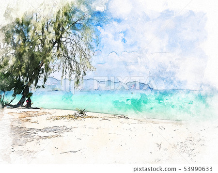 Mountain range and sea water watercolor painting. Mountain range and sea water watercolor painting. 53990633
