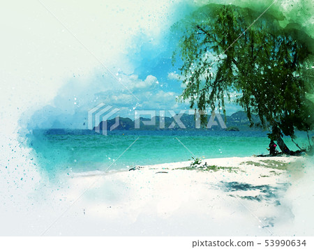 Mountain range and sea water watercolor painting. Mountain range and sea water watercolor painting. 53990634
