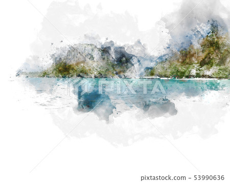 Mountain range and sea water watercolor painting. Mountain range and sea water watercolor painting. 53990636