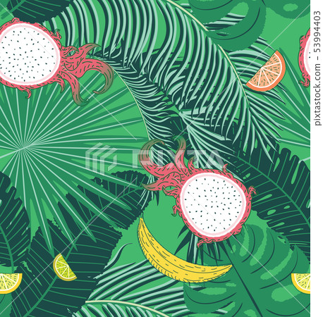 Tropical leaves and fruits pattern Tropical leaves and fruits pattern 53994403