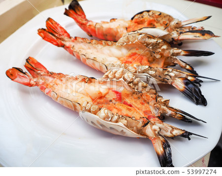 Grilled big tiger shrimps prawns on Plate. Grilled big tiger shrimps prawns on Plate. 53997274