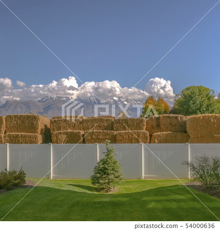 Hay stacks on farm viewed from lawn of neighbors 54000636